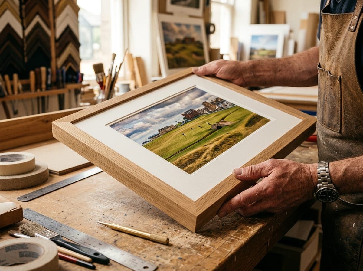 Golf art print being framed in solid American white oak